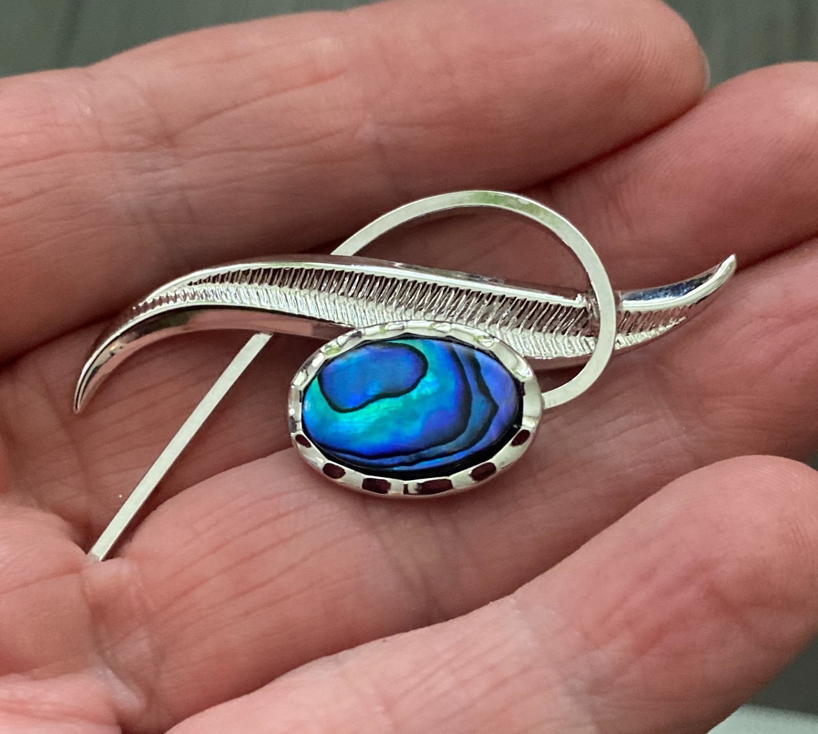 Vintage Silver Tone Blue Abalone Paua Shell Brooch Asymmetrical Spray