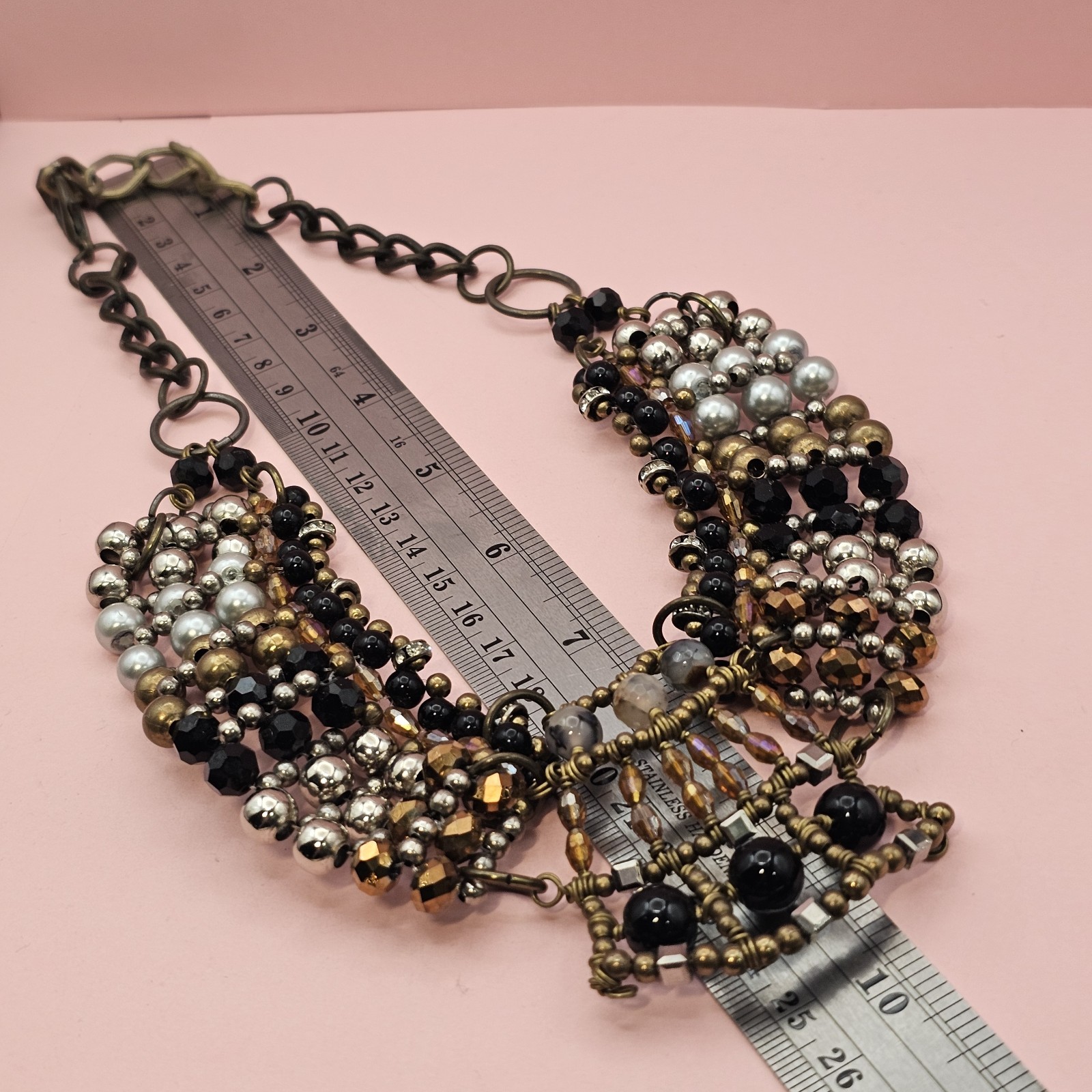 PAM HIRAN Statement Bib Necklace Mixed Bead Collar Brass Tone Chunky Boho Glam