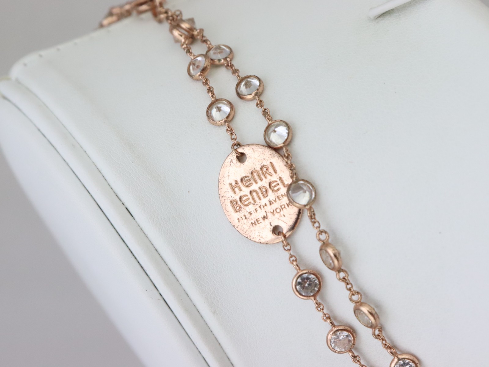 Henri Bendel 925 Sterling Silver Bezel Set Crystal or CZ Necklace Rose Gold Tone
