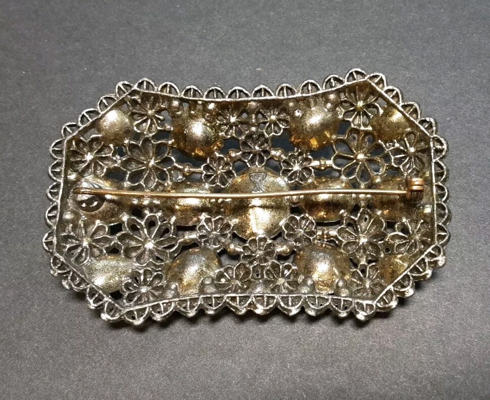 Vintage New England Glass Works Large Brooch Green Rhinestone 2 3/4″ x 1 3/4″