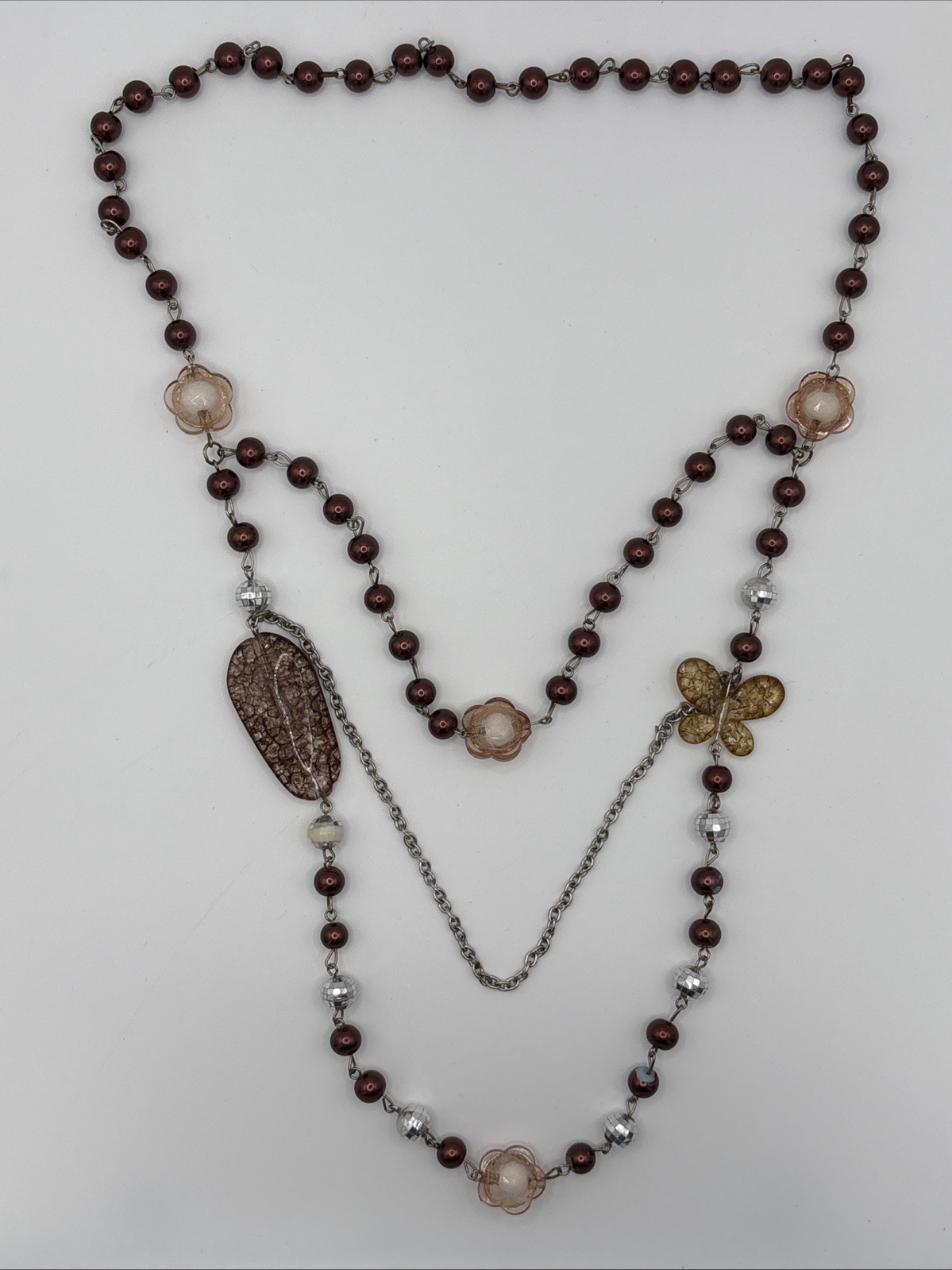 Vintage Multi strand Beaded Statement Necklace Acrylic Butterfly Accent READ