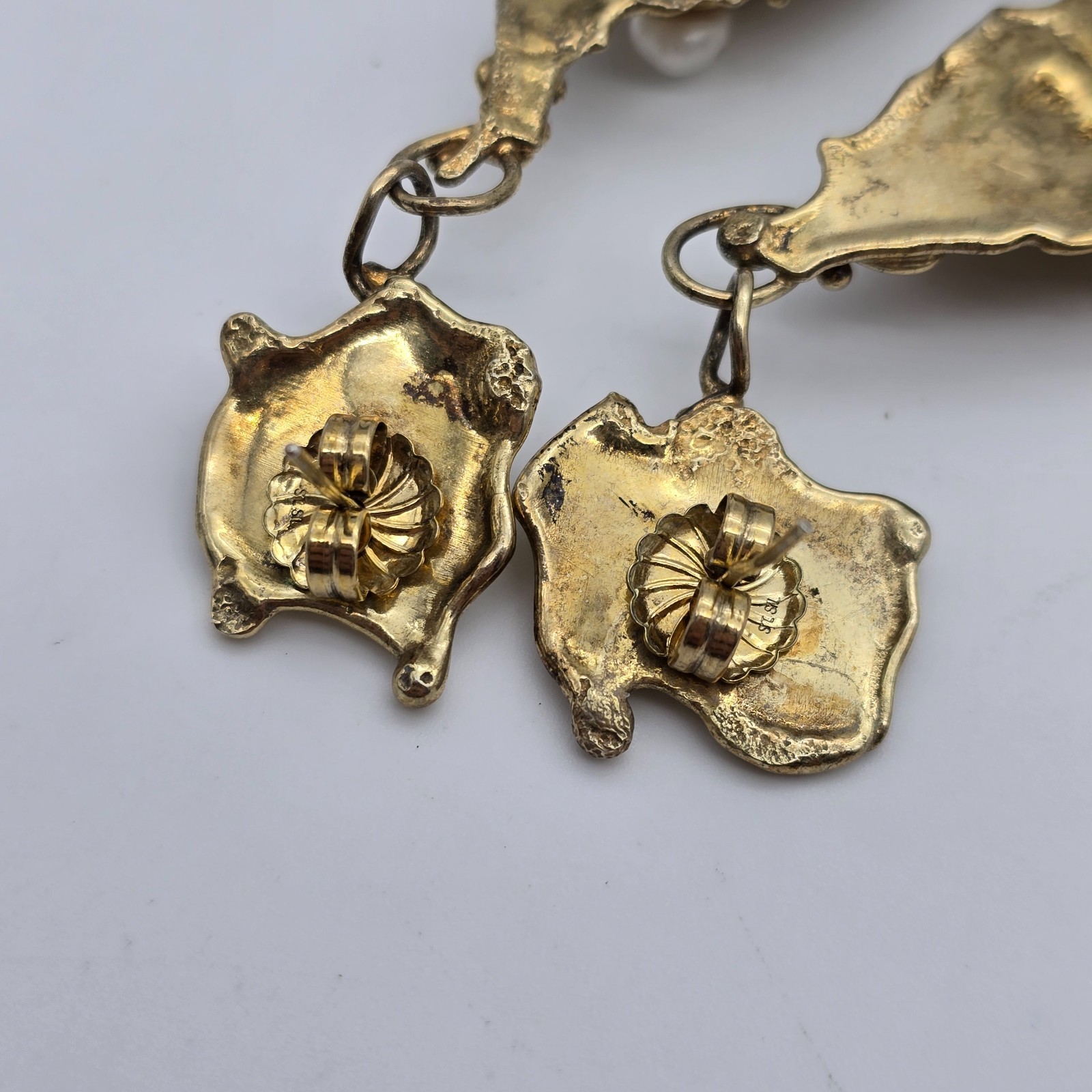 VTG Abstract Brutalist Spider Web Gold over Sterling Pearl Pendant Earrings Set