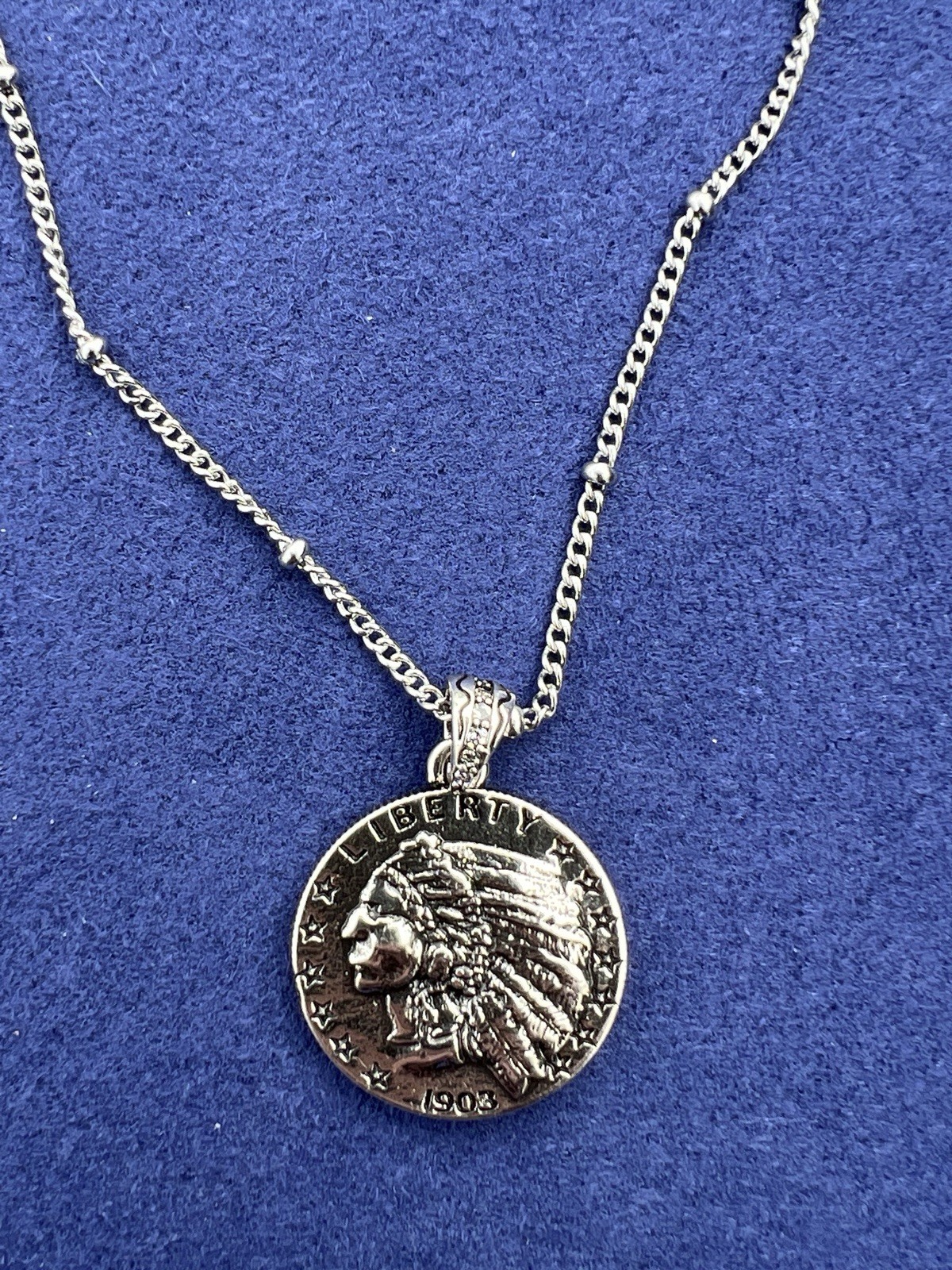 Vintage Liberty Coin Pendant Necklace Brass Coin Stainless Pepper Chain 18–20”