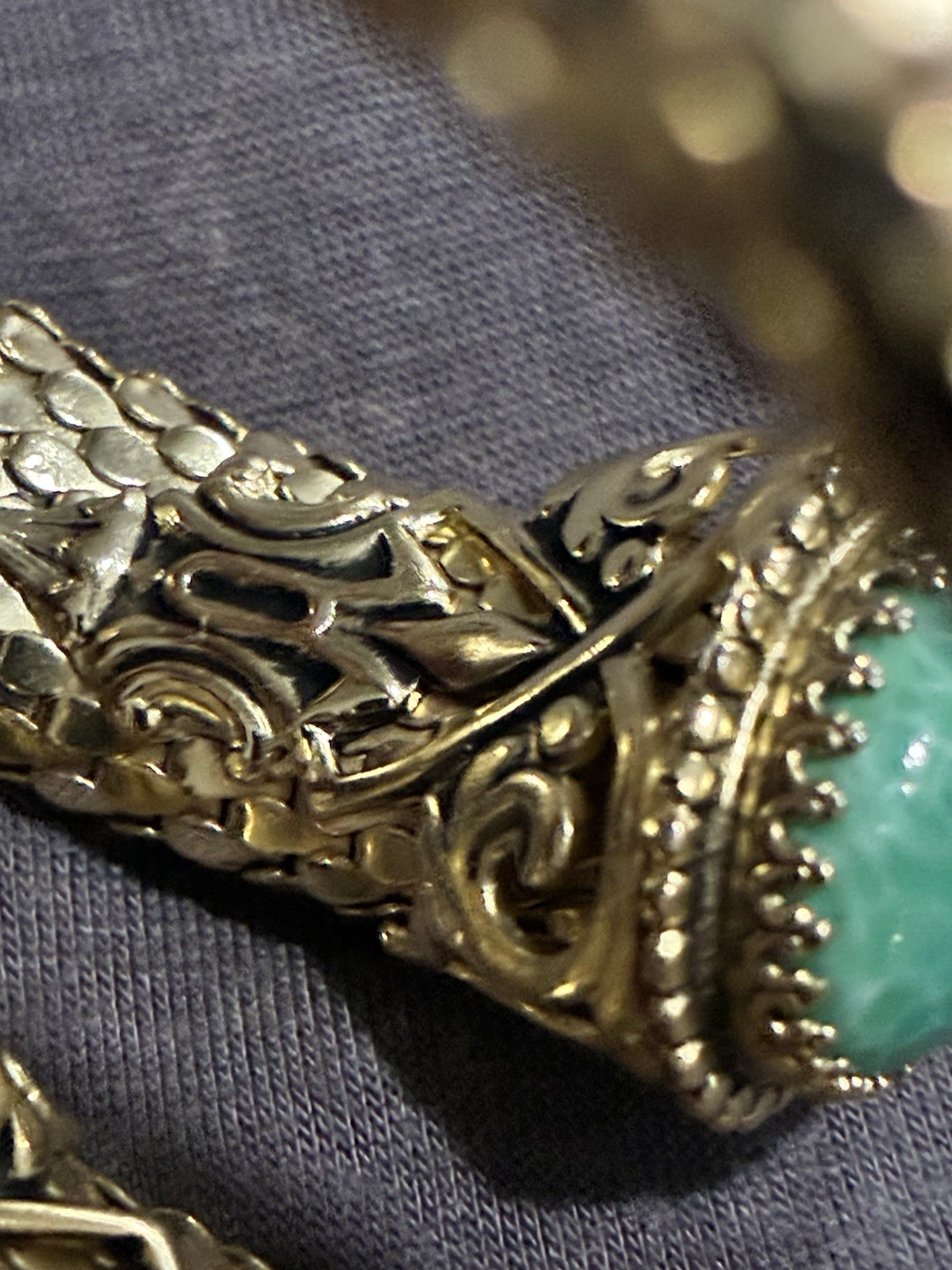 Vintage Whiting & Davis Mesh Snake Wrap Bracelet Green Peking Glass Cabachon