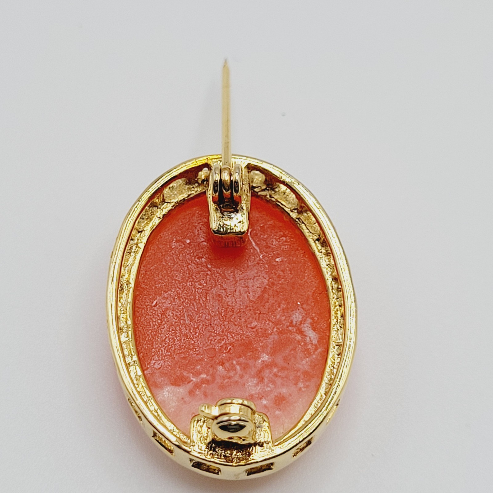 Cameo Set Resin Backed Gold Tone Open Works Frame Salmon Coral Color Revival