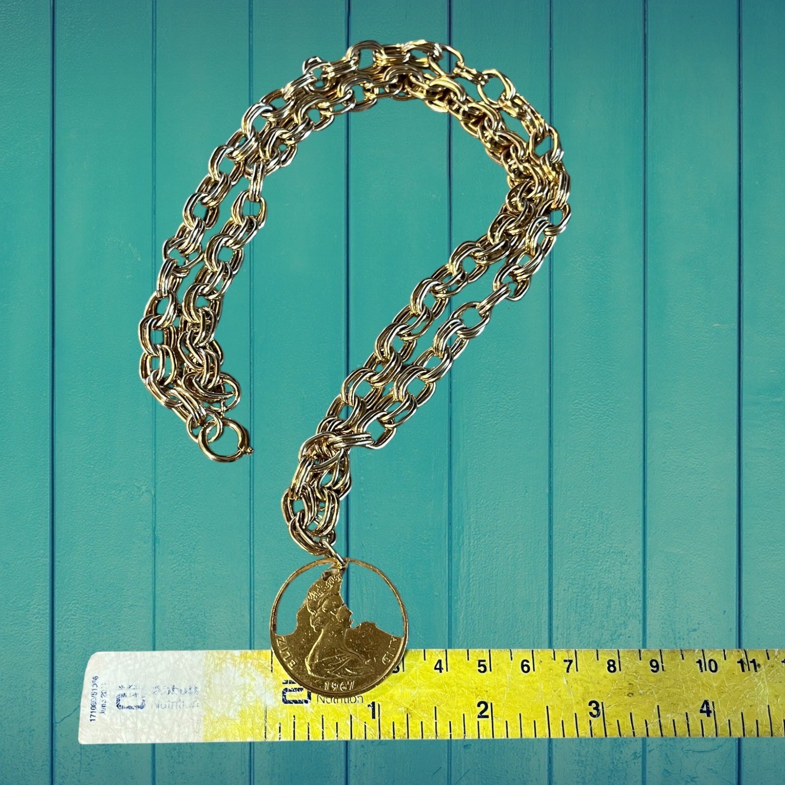 Vintage 1967 HMS Endeavour Cut Out Coin Pendant Gold Tone 28 Inch Double Chain