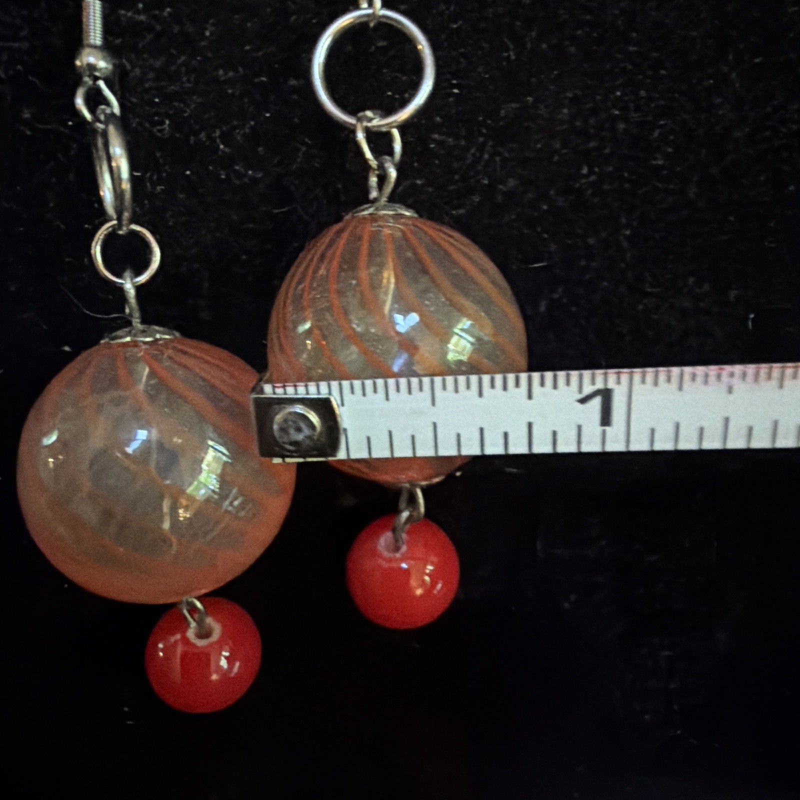 Vintage Orange Striped Blown Glass With Red Glass Drop Accent Earrings Pierced