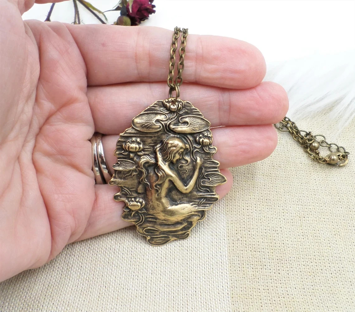 Art Nouveau Water Nymph Necklace: Vintage Style Brass Goddess Pendant with Lotus