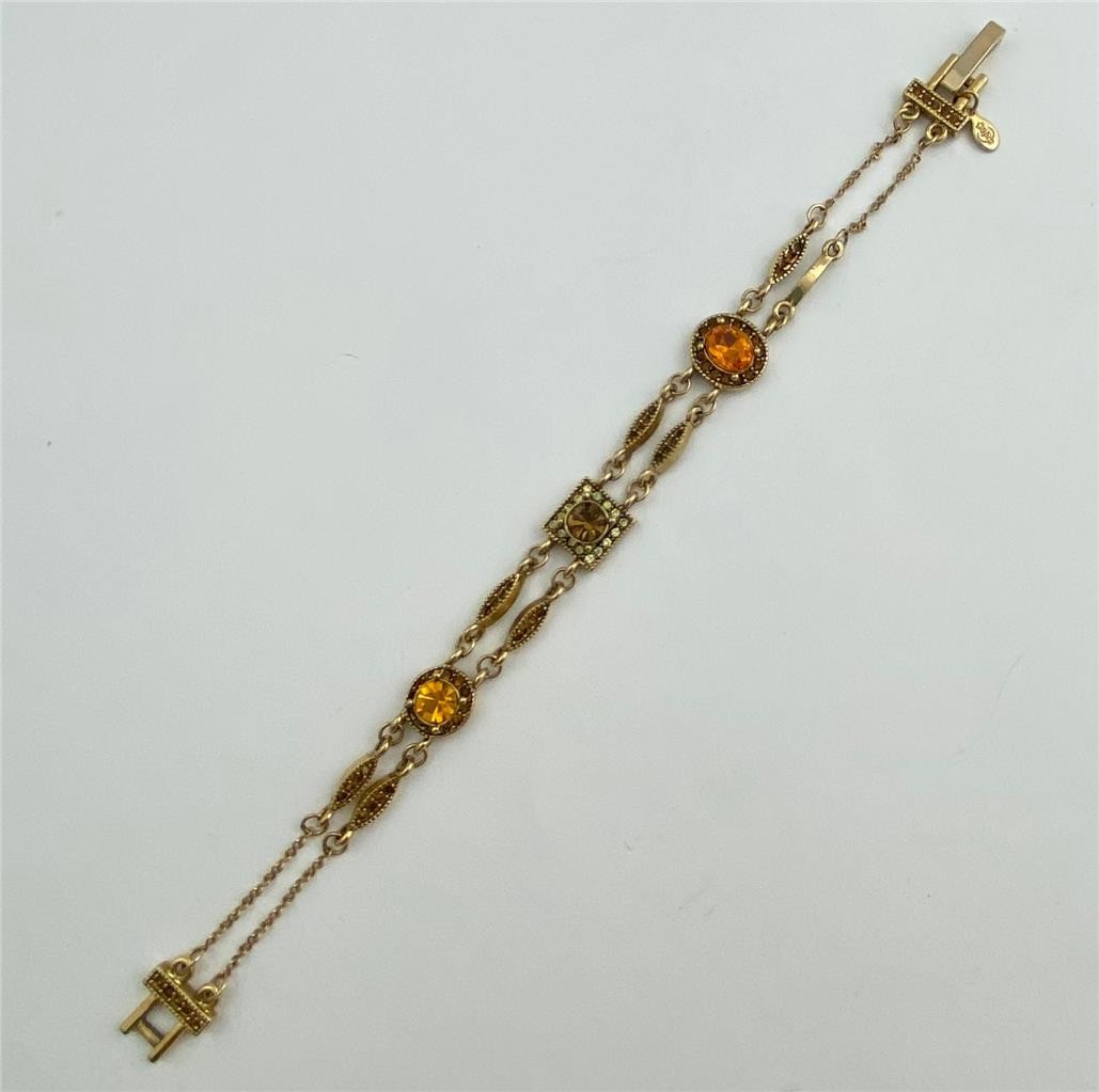 Premier Designs Retired Honey Amber Crystals Gold T Chain Station Bracelet 7.5″L