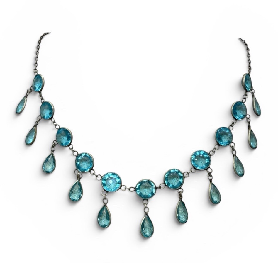 Antique Edwardian Deco Czech Festoon Drapes Faux Aquamarine Glass Necklace