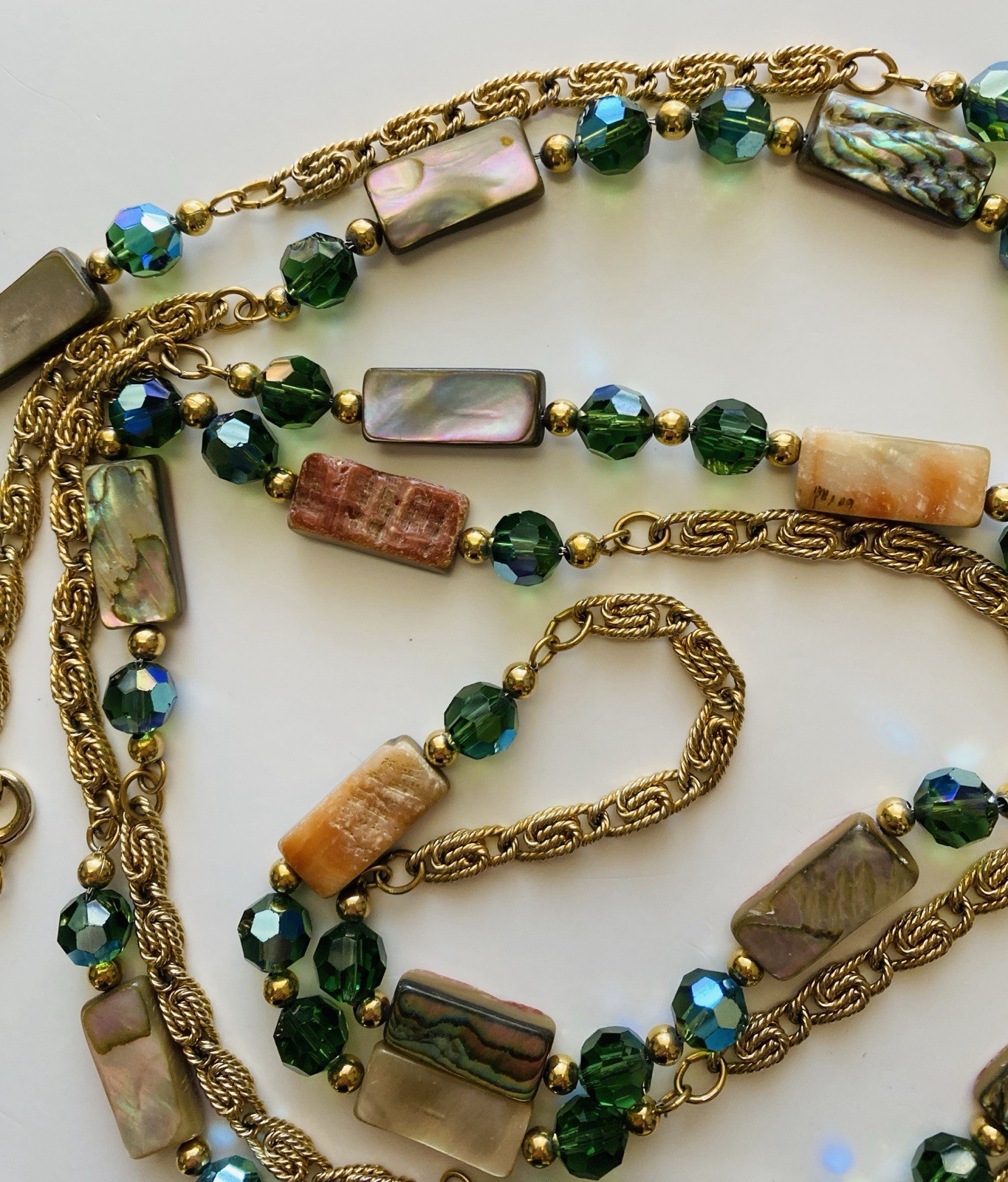Vintage 80s NAPIER Necklace Abalone Mother Of Pearl & Green Crystals Boho Chic