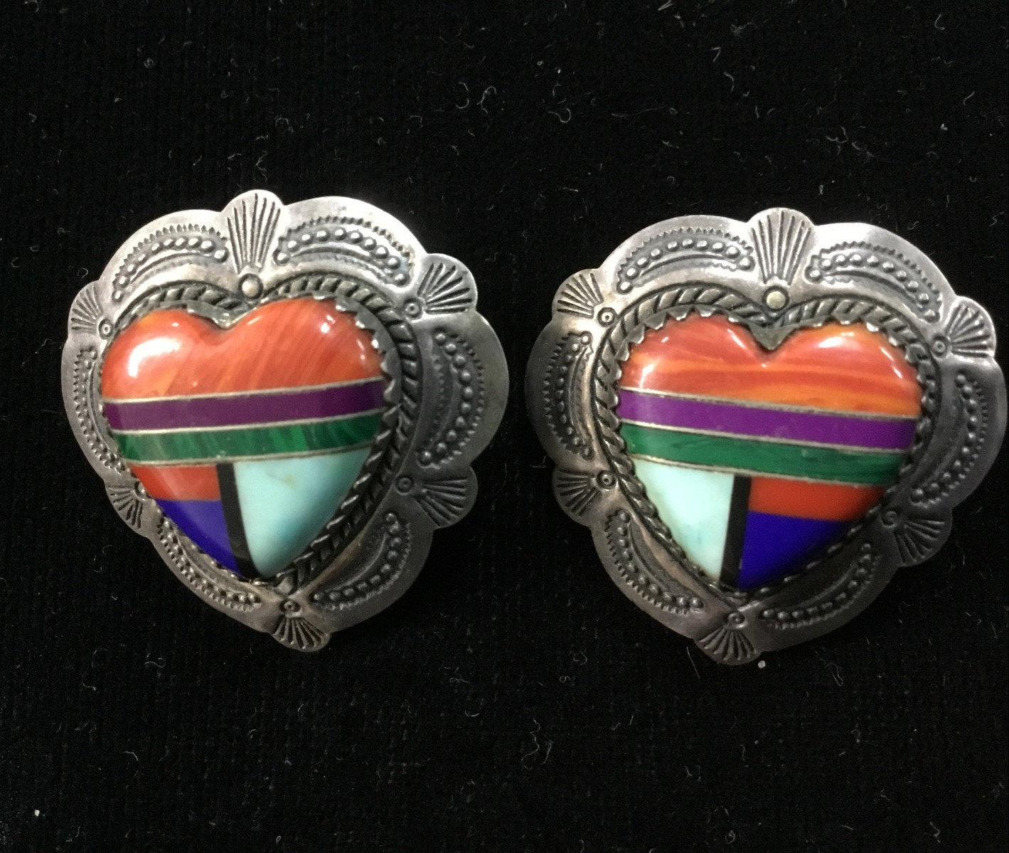 Q. T. Multi Gemstone and Sterling Silver Signed Heart Stud Earrings Southwestern