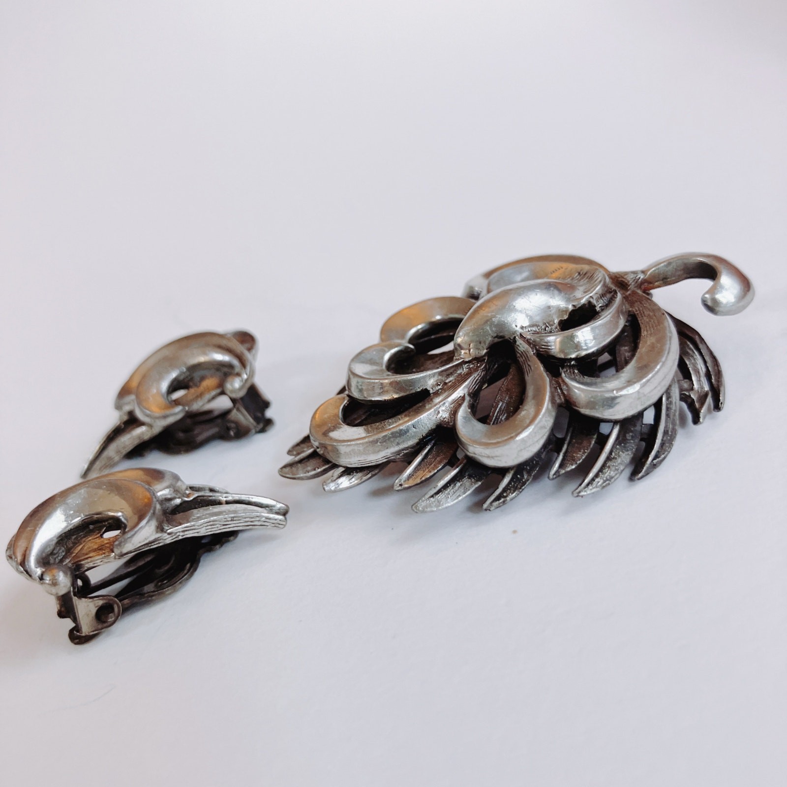 VTG Mid Century 44g Silver Brooch Earrings Set Layered Modernist 50s Jewelry