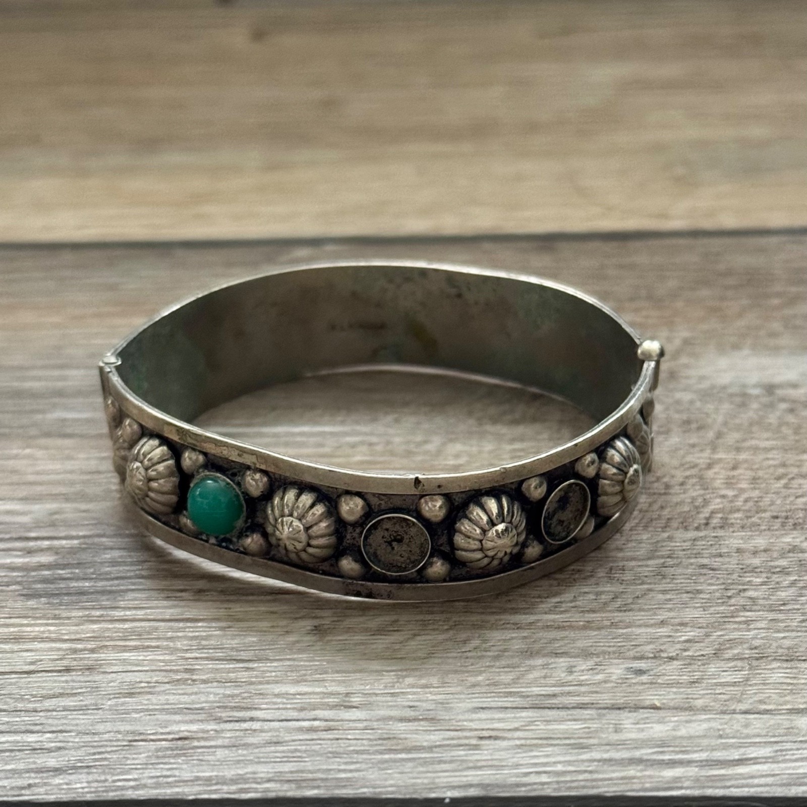 Vintage Alpaca Misshaped Hinged Bracelet Missing Stones Tarnished Double Stamp C