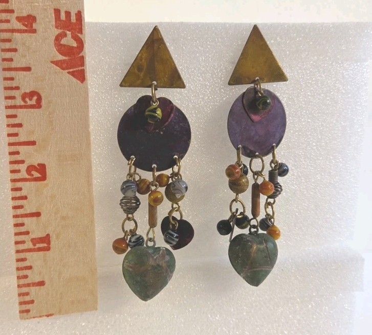 Vintage Boho Rustic Dangle Drop Post Earrings Mixed Metal Geometric Design – 4in