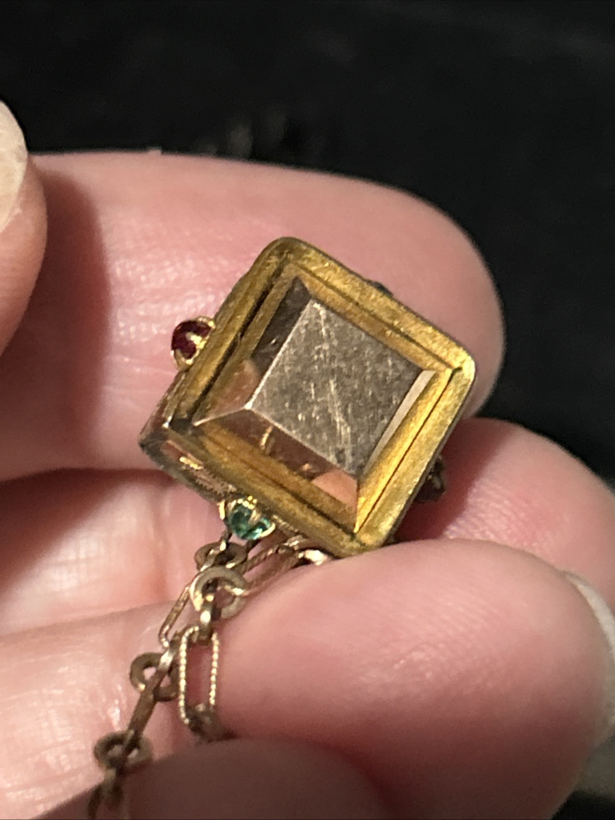VICTORIAN 9.64g Gold Fill 3” FOB Paste Stones Dog Heads Rose GF 26” Necklace Fob