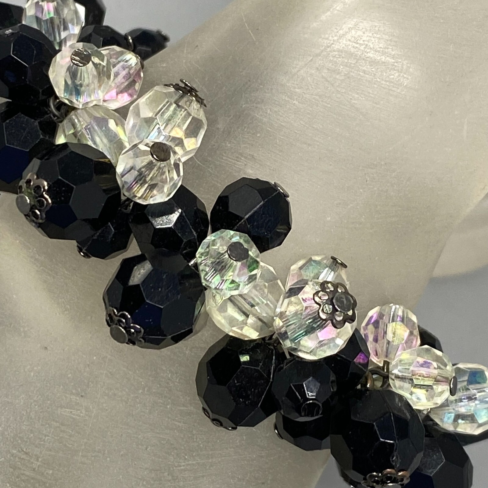 Bead Cluster Bracelet Black Clear Aurora Borealis Acrylic Faceted Stretch 7″