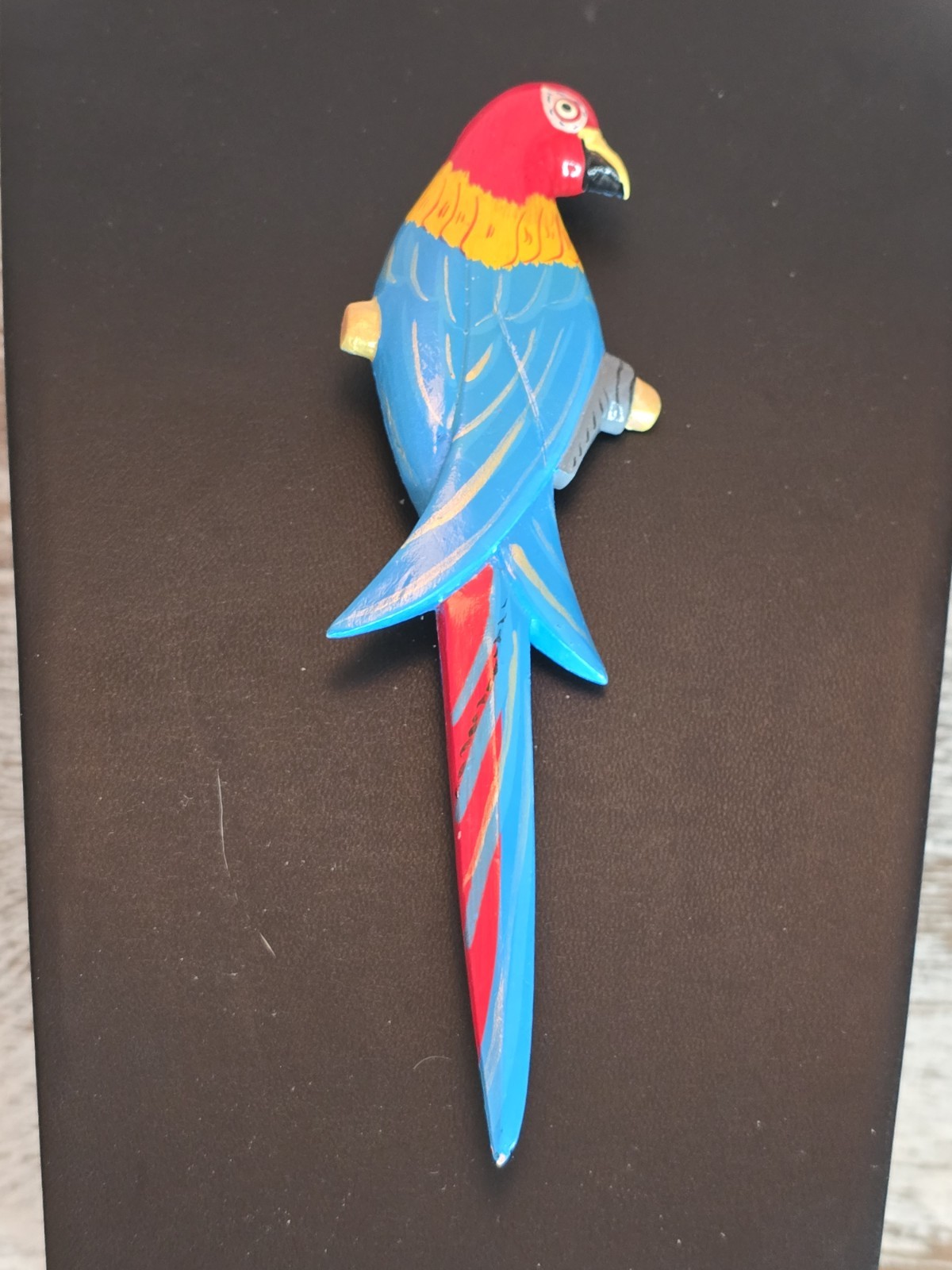Vintage Hand Painted Wooden Parrot Brooch Colorful Tropical Bird Statement Pin