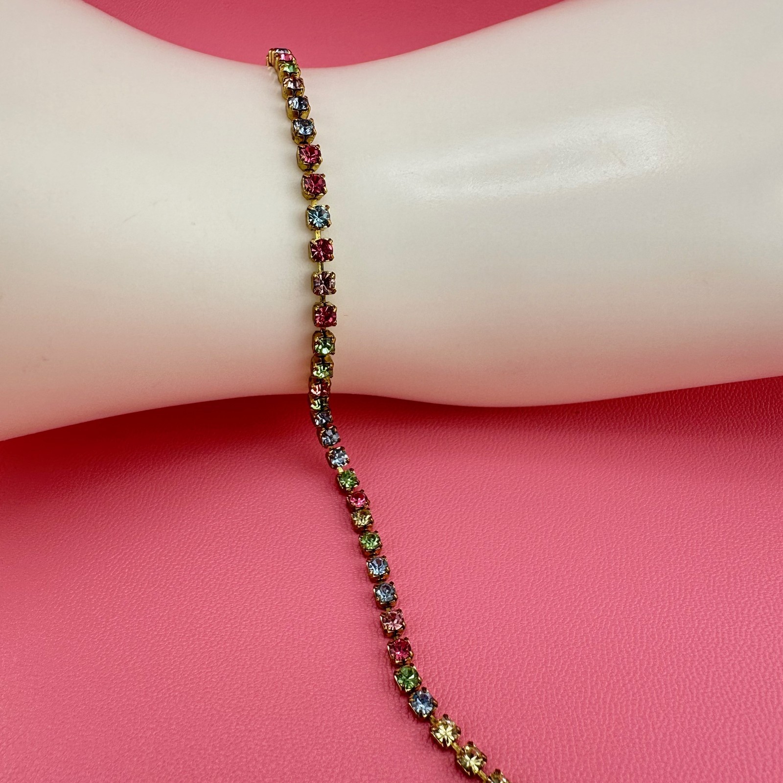 Vintage Rhinestone Bracelet Pastel Multi Color Gold Tone Tennis Cup Chain 6.75″