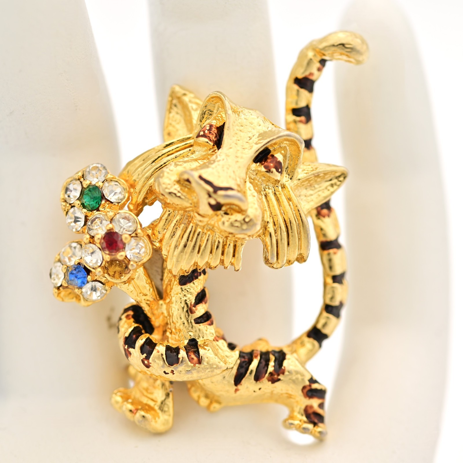J MAZER Original Vintage Multi Rhinestone Enamel Estate Flower Tiger Brooch Pin