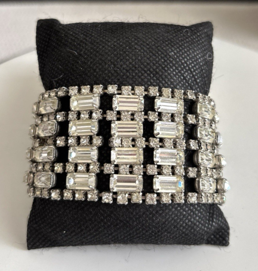 Vintage Emerald Cut And Round Rhinestones Wide Rhinestone Cuff Bracelet