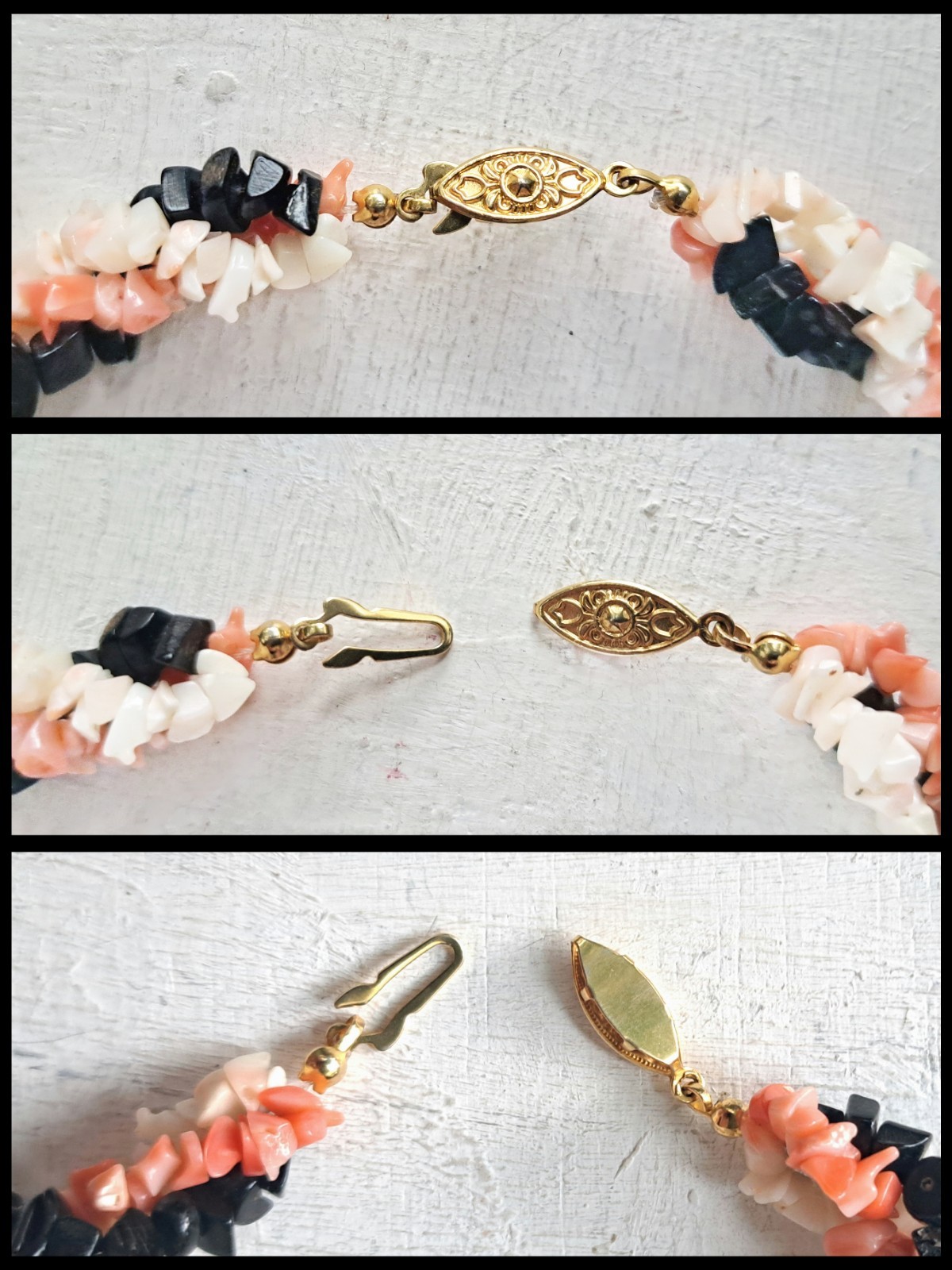 Gorgeous Pink Angelskin/Black/White Coral Necklace 19″ w/ Antique Fishhook Clasp