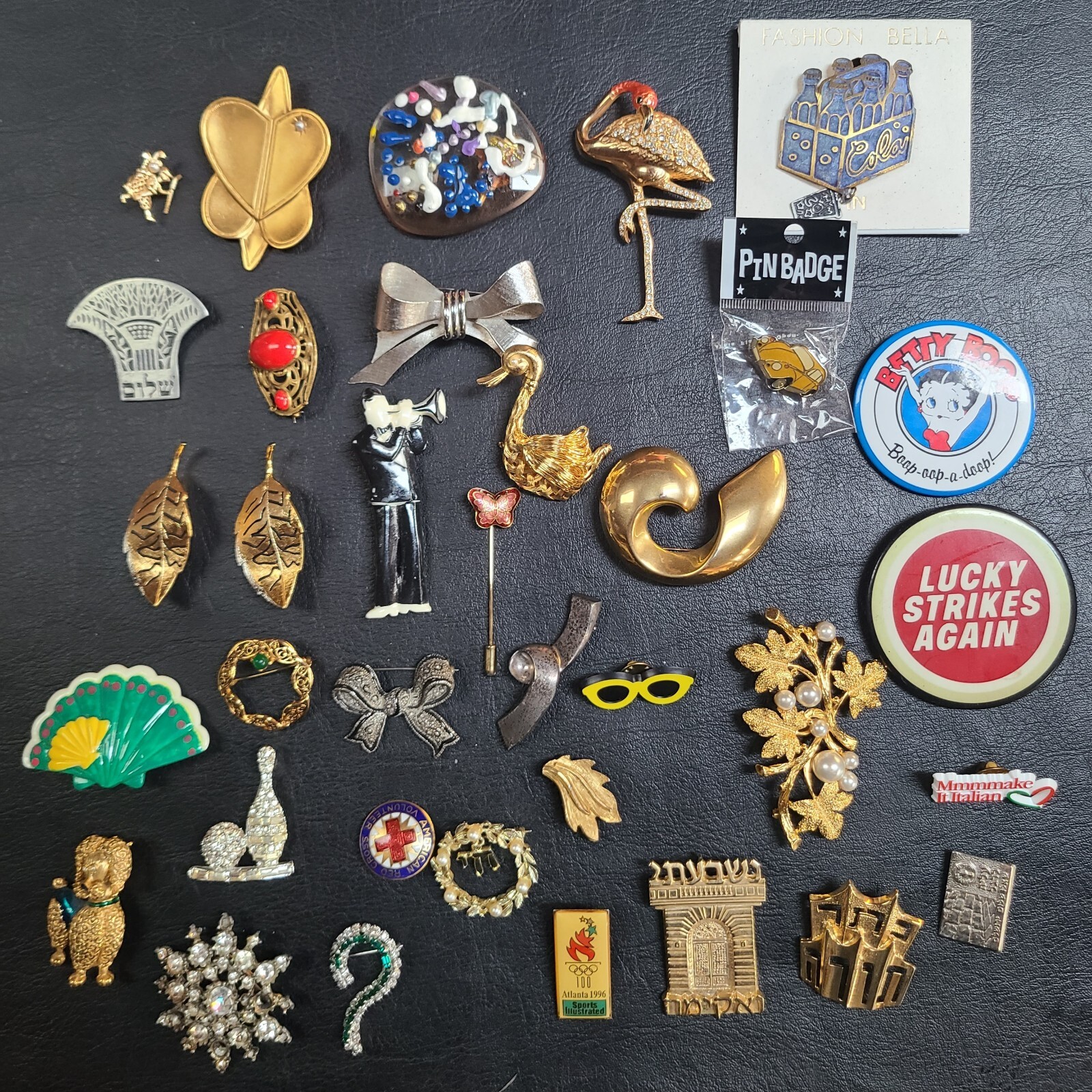 Vintage Costume Jewelry Pin Badge Lot Betty Boop Lucky Strike Flamingo Rhineston
