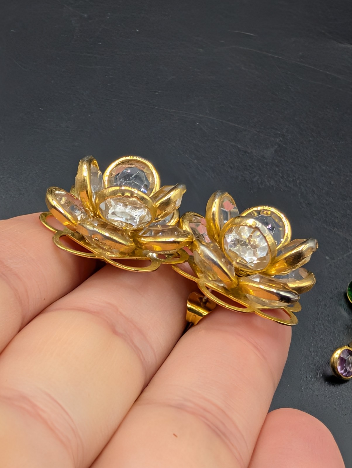 2 Pairs of Vintage Crystal Floral Cluster Gold Tone Earrings