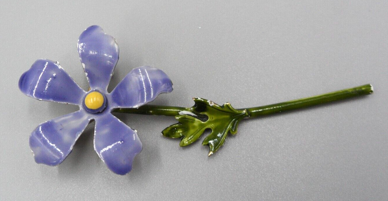 Vintage Flower Stem Brooch Periwinkle Vinca Blue Violet Purple Dimensional 3″
