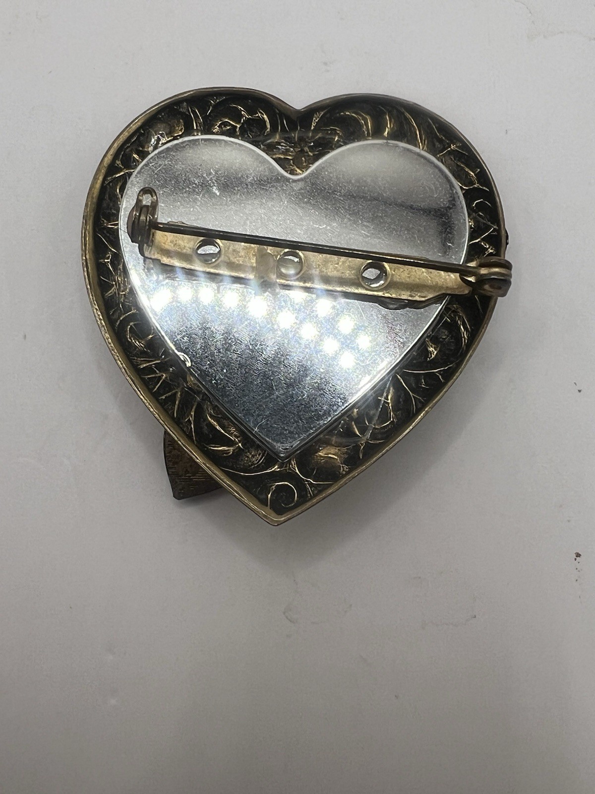 Vintage 2” Cherub Cupid Brooch Pin With 2 Heart Charms And Mirror Backing