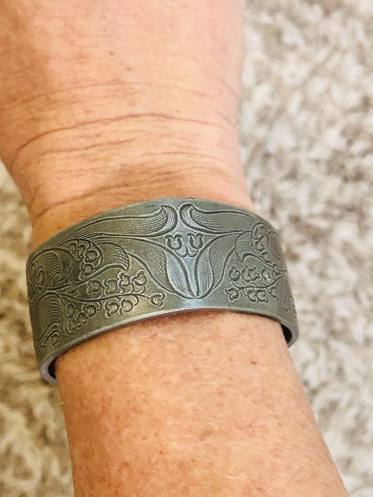 Vintage Salisbury Pewter Cuff Bracelet Floral Design Month Of May Engraved