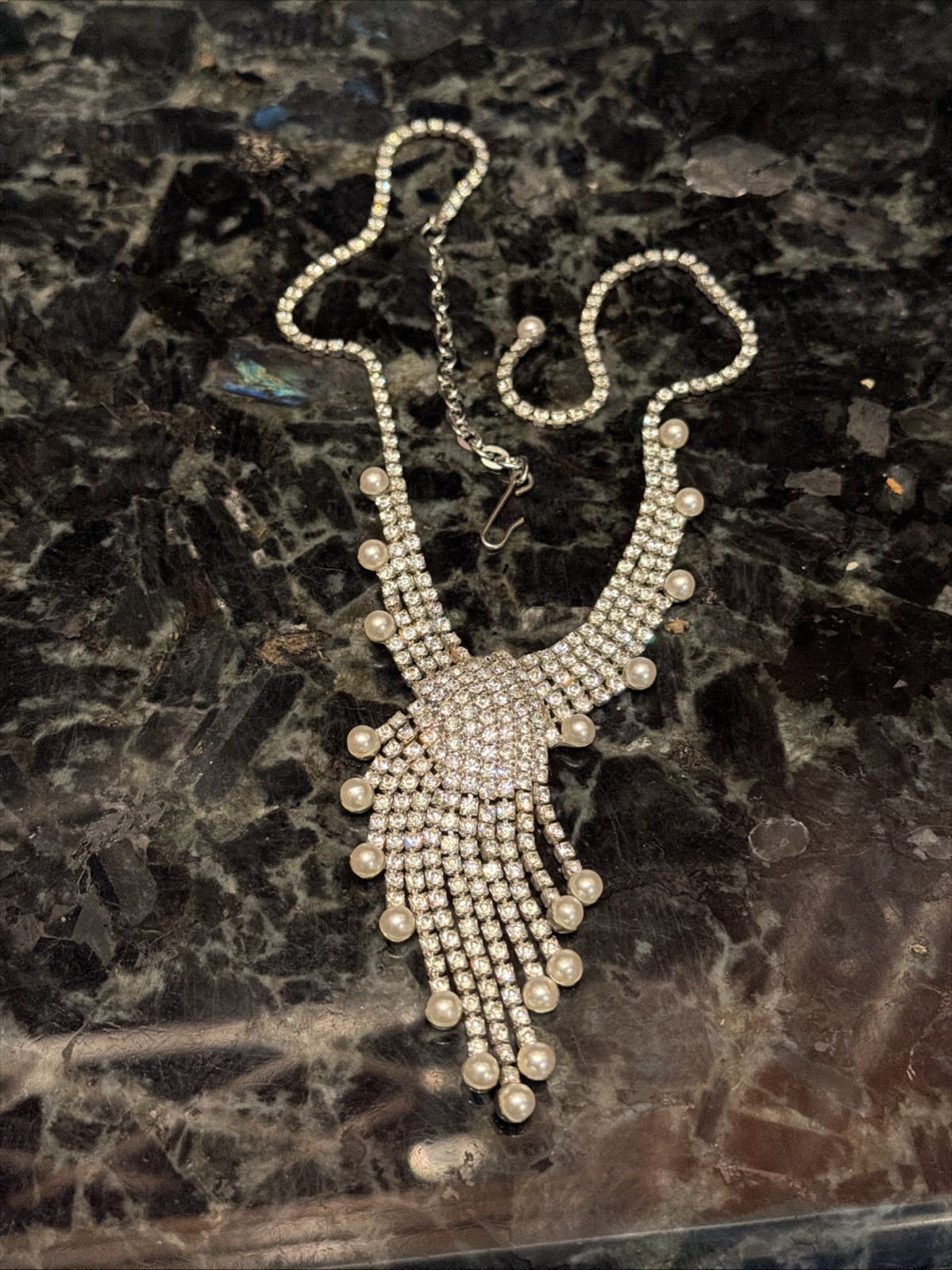 Vintage Rhinestone Swirl Glamour Pearl Dangle Necklace High End Costume Jewelry