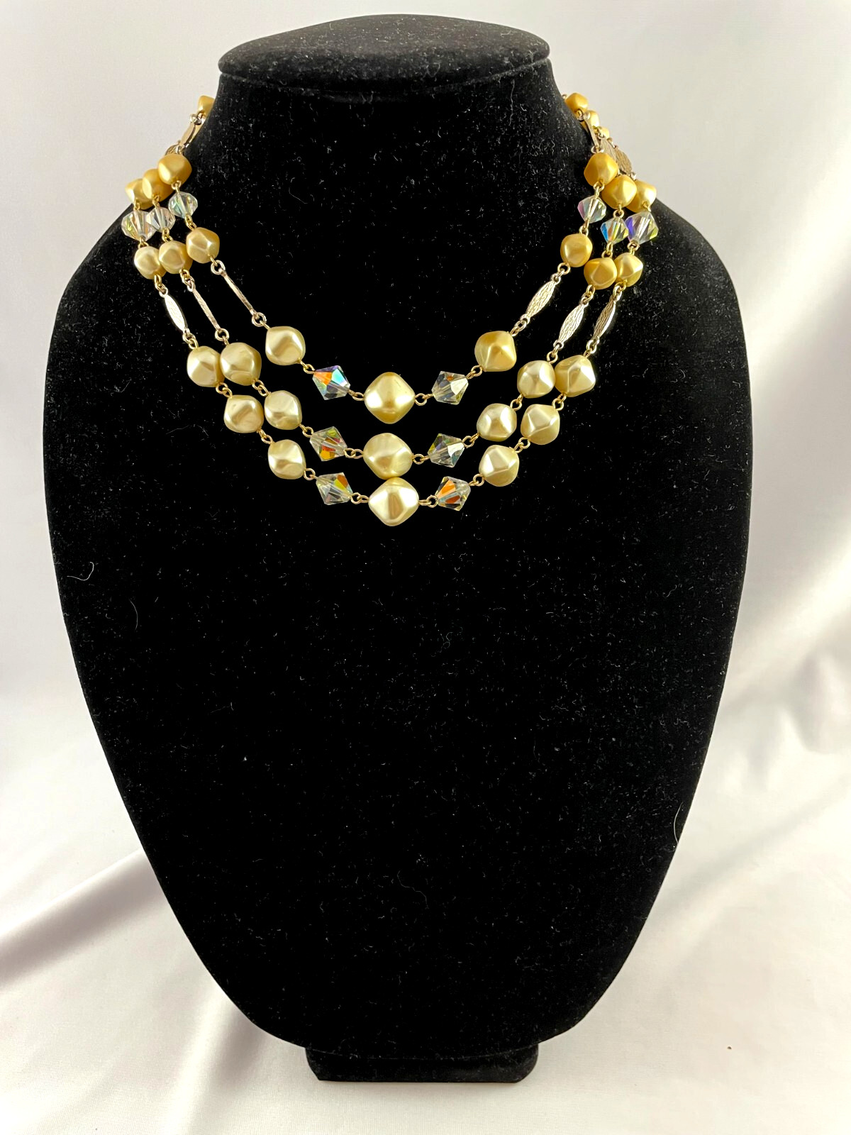 Vtg Multi Strand Faux Pearl Bicone Crystal Silver Tone Necklace Japan
