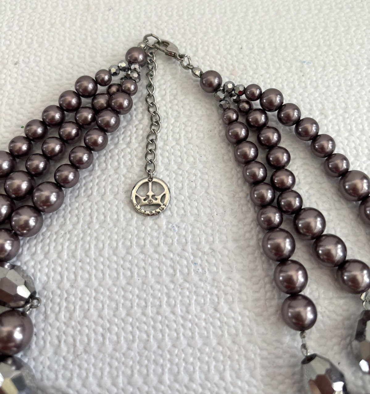 Crown Trifari gray pearl and Mercury Coated bead three strand necklace