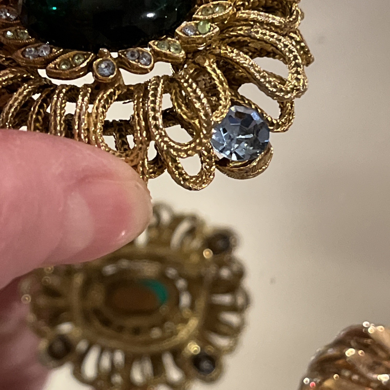 Vintage Capri Green Gripoix Glass Cabochon Blue Green Rhinestone Ornate Brooch