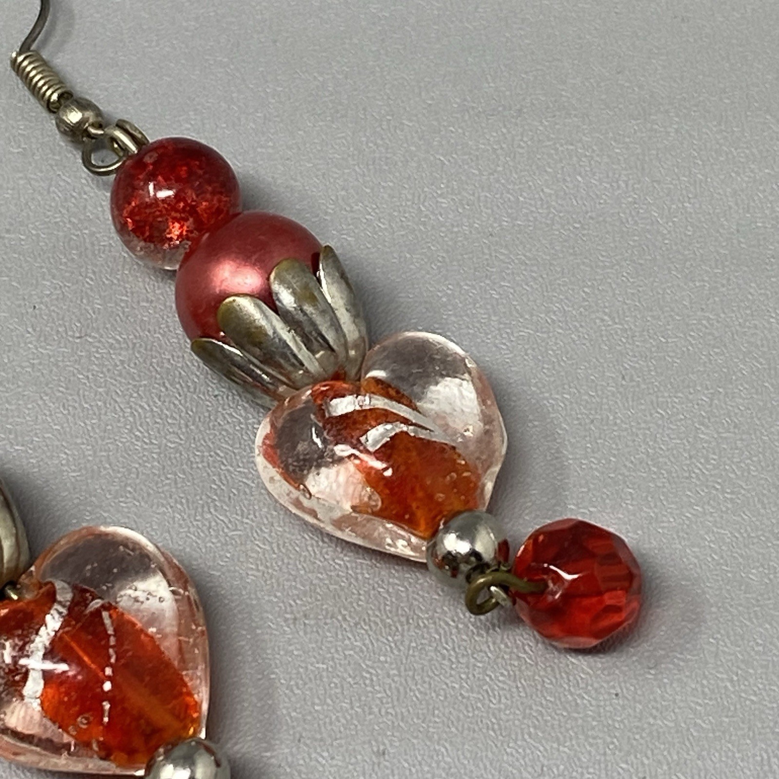 Red Glass Dangle Earrings Fused Heart Crackled Pierced Silver Tone 2.5″