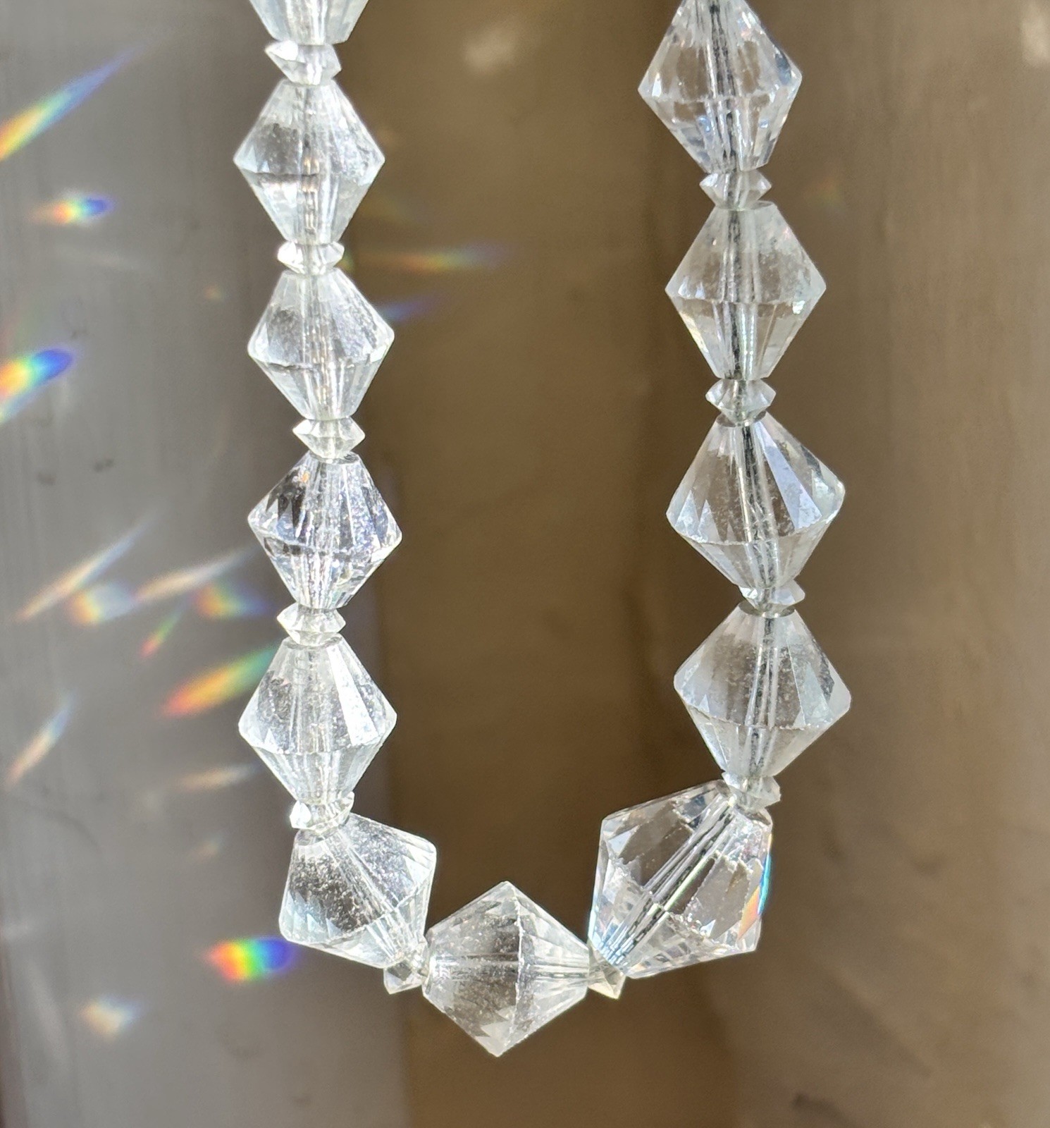 Vintage Clear Glass Crystal Prism/Faceted Bead Necklace String Fish Hook Clasp