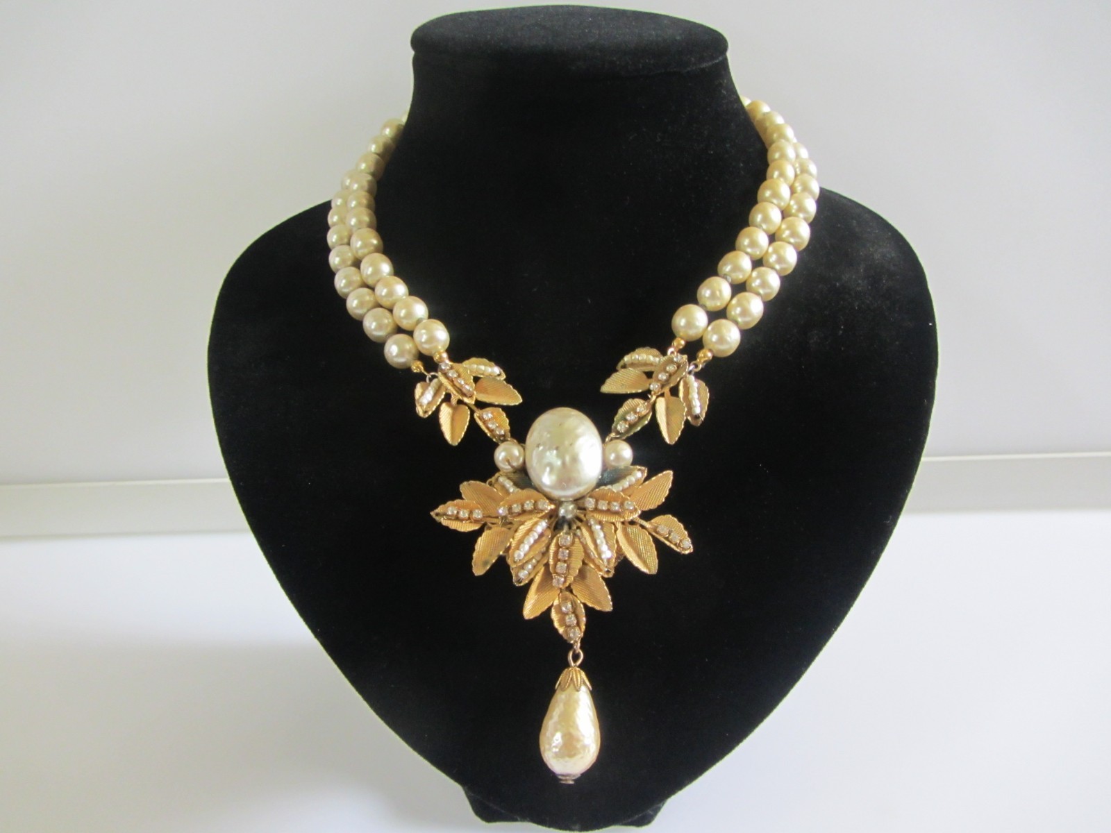 Vintage Signed Miriam Haskell Double Strand Pearl Necklace with Ornate Leaf Pend