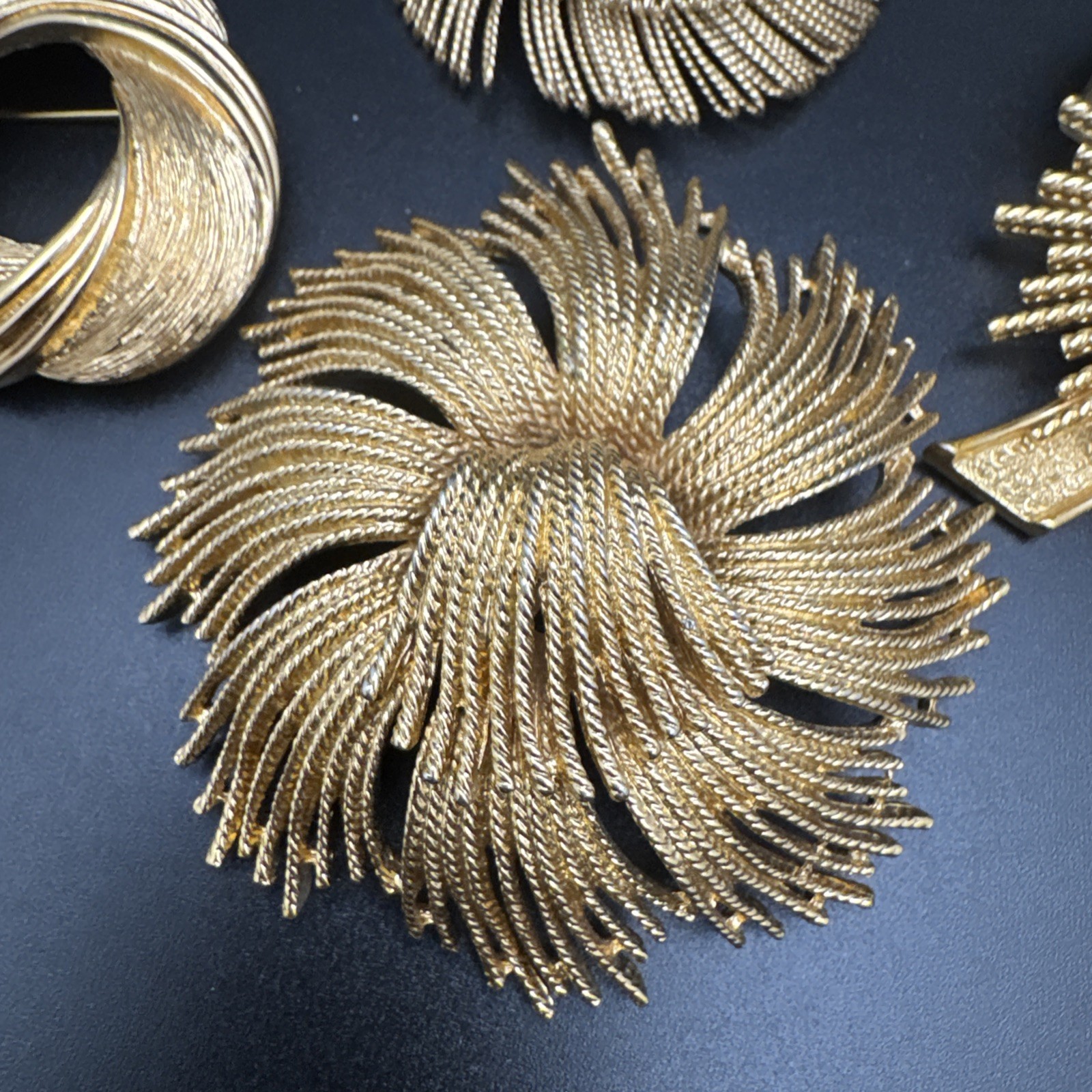 Vintage Monet Brooch Lot Gold Tone Textured Swirl Ribbon Knot Pins 4pc Signed