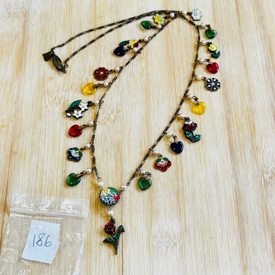 VTG Glass Works Studio Charm Necklace Crystal Enamel Heart Pansy Flower Long