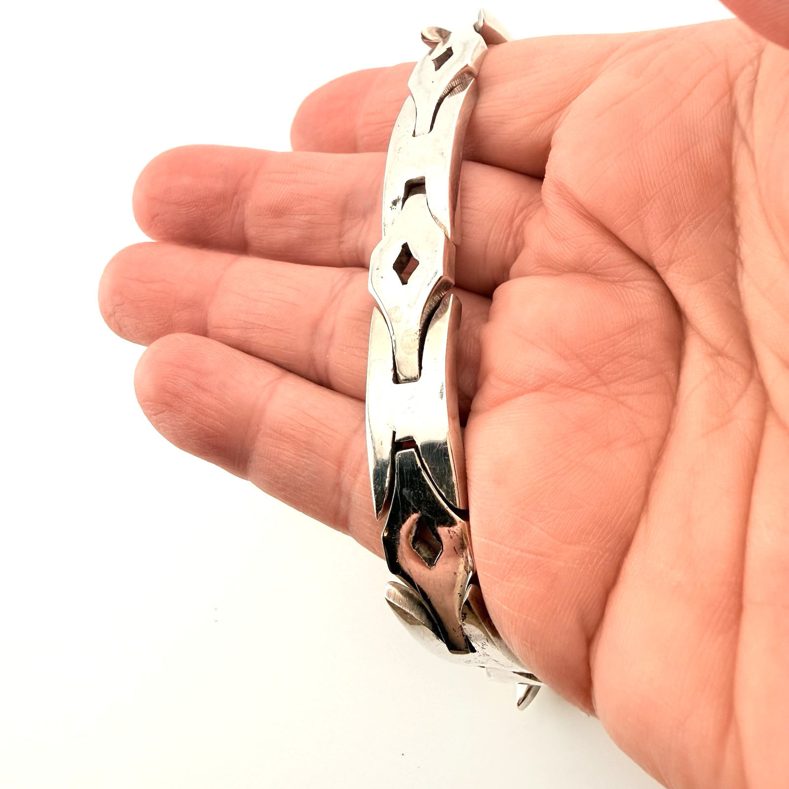 Vintage Heavy Sterling Silver Bracelet Mexico 925 Geometric Link 62.5 Grams 7.5”