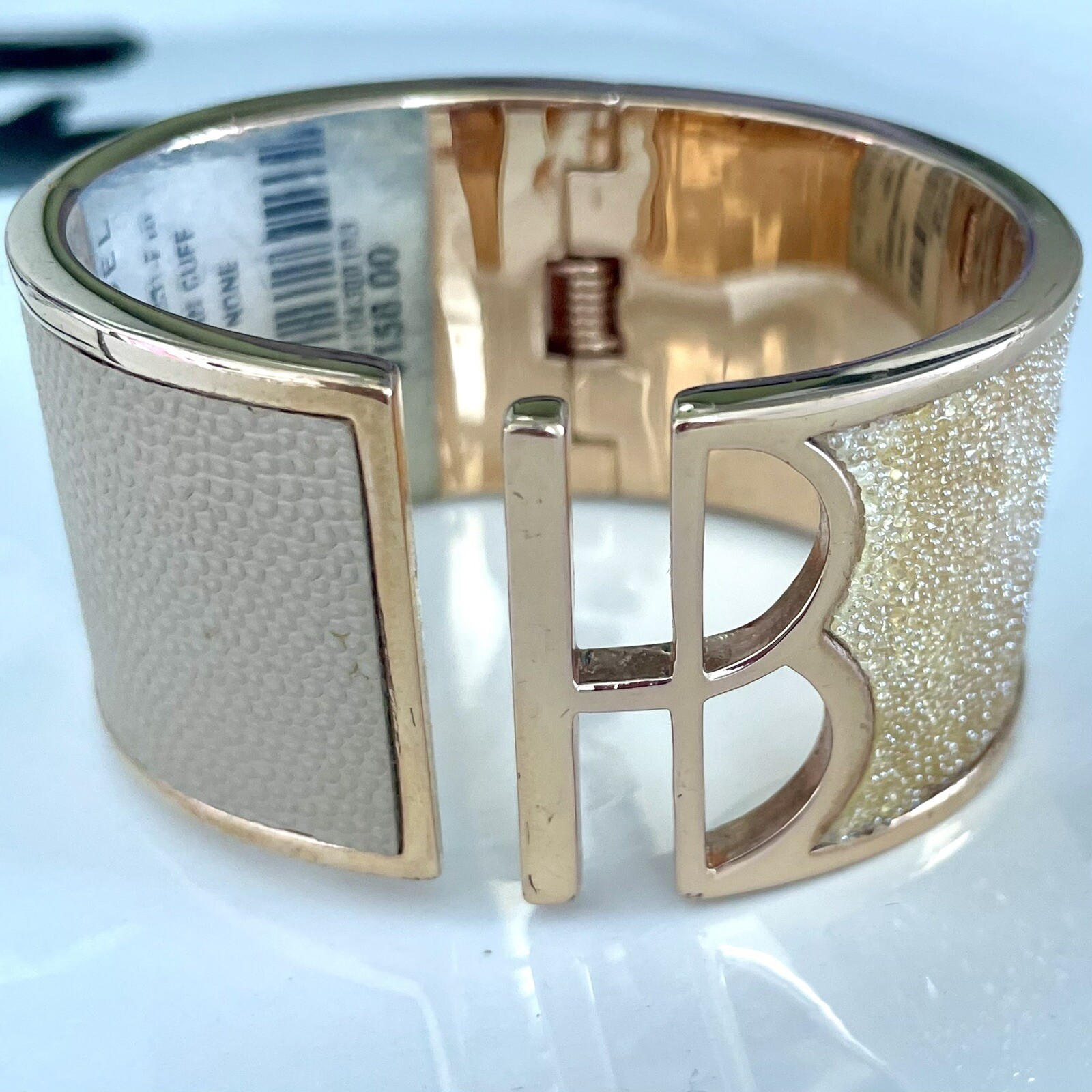 NWT RARE HENRI BENDEL NYC HB Logo GOLD Cuff Beige Leather Crystals Bracelet