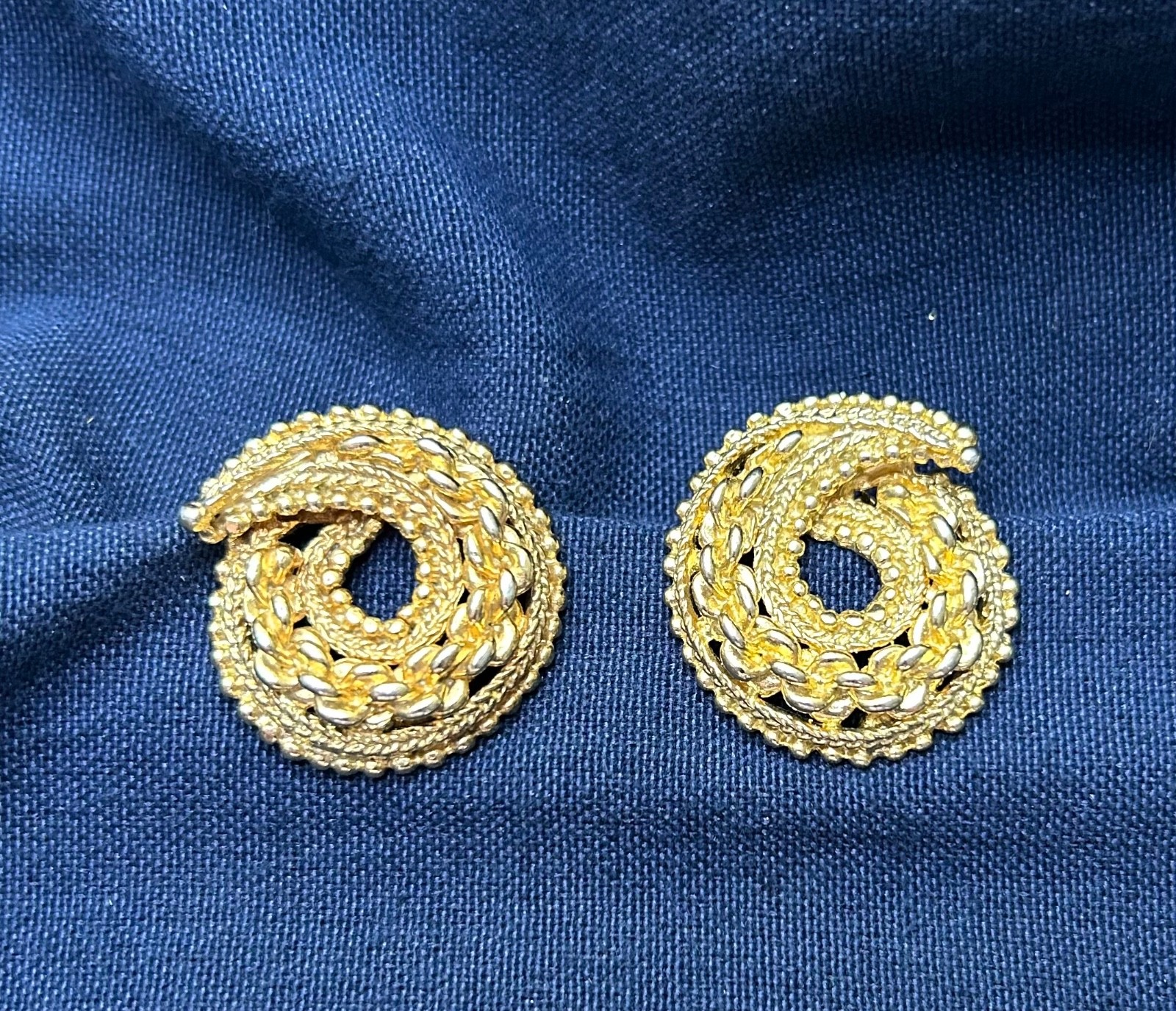 Vintage Round Button Knot Swirl Ribbon Flower Clip-On Earrings