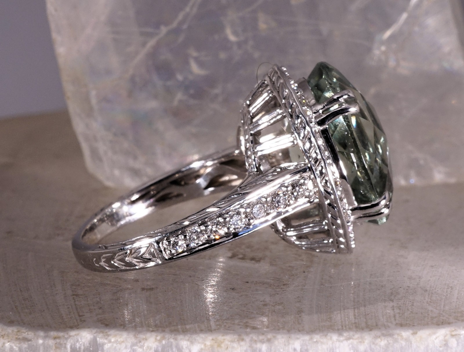 9.38ct Green Amethyst Praisiolite Cocktail Ring 14k White Gold with Diamonds
