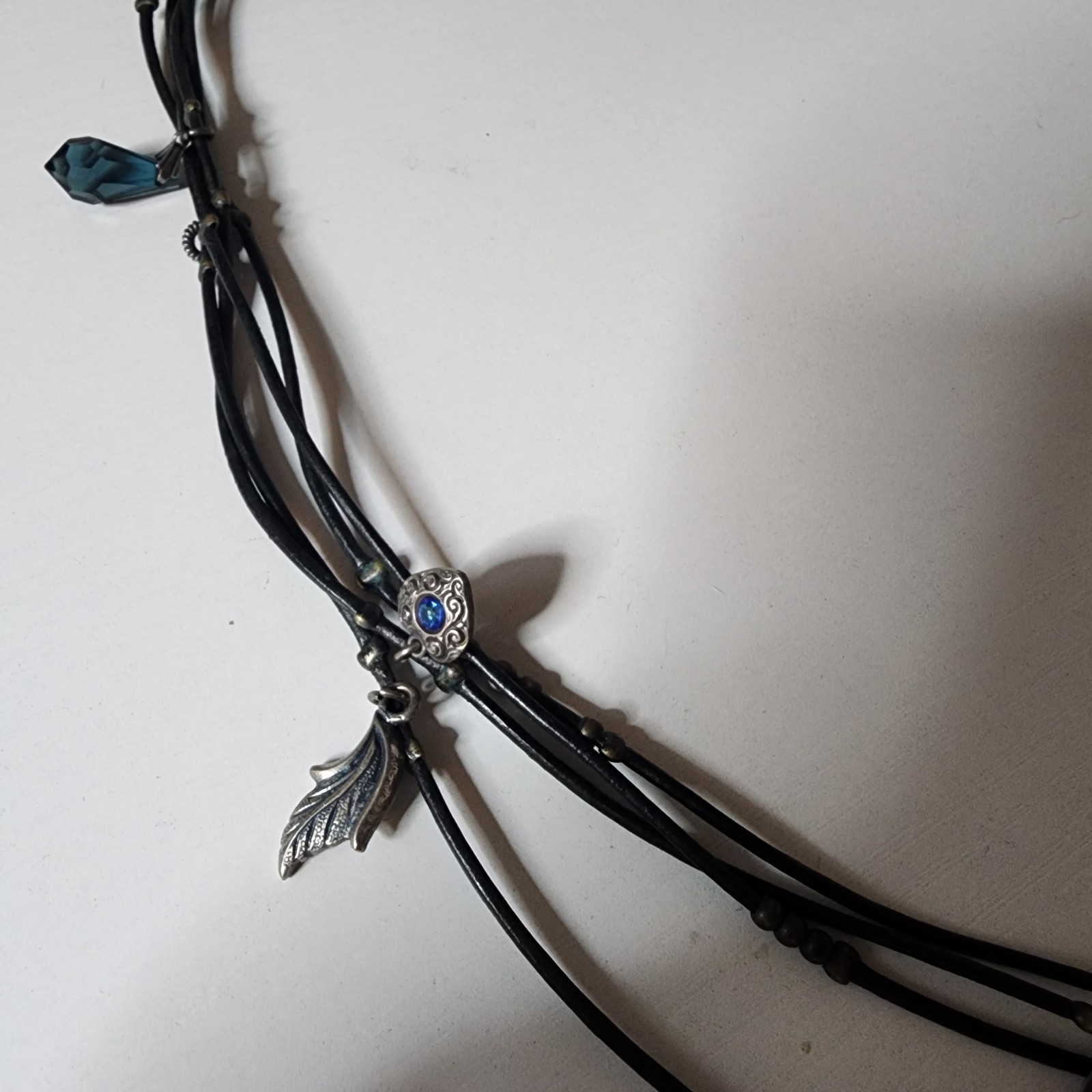 Vintage Van Galz Black Leather Multi Strand Necklace Blue Crystals Heart Charms