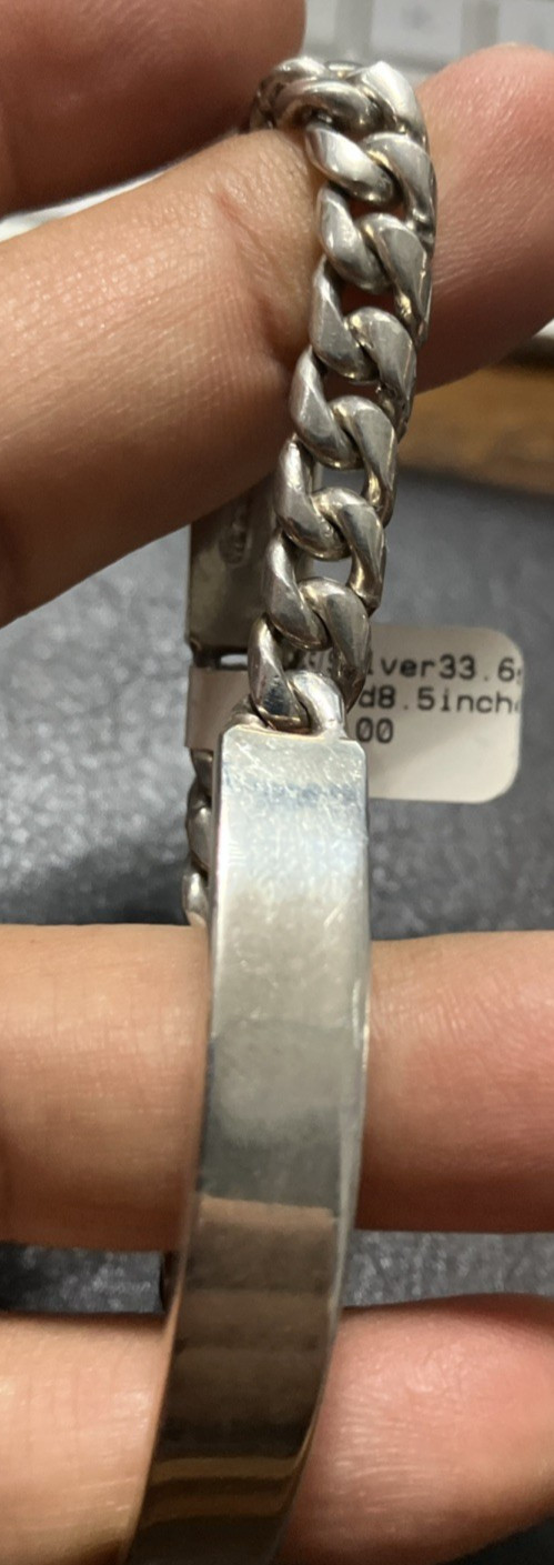Mexico IF-02 Sterling Silver 925 Cuban ID Bracelet Solid 33 Grams 8.5 Inches