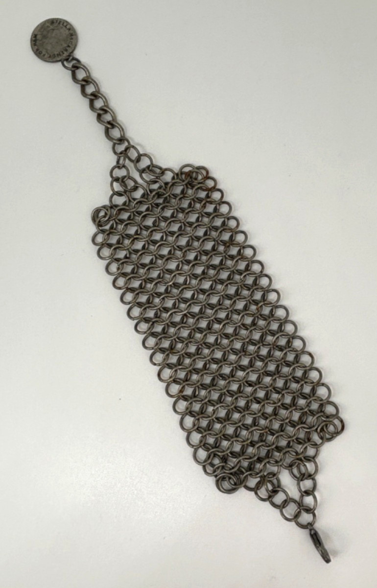 Vintage STELLA MCCARTNEY Silver Mesh Metal Wire Wide BRACELET w/ Charm