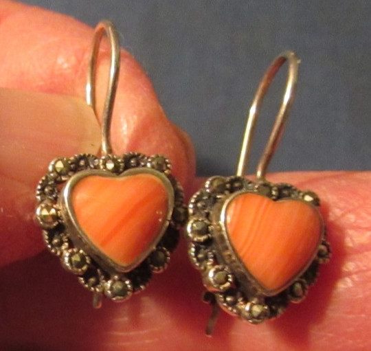 VINTAGE STERLING SILVER SIGNED FAS CORAL & MARCASITE HEART SHAPE EARRINGS