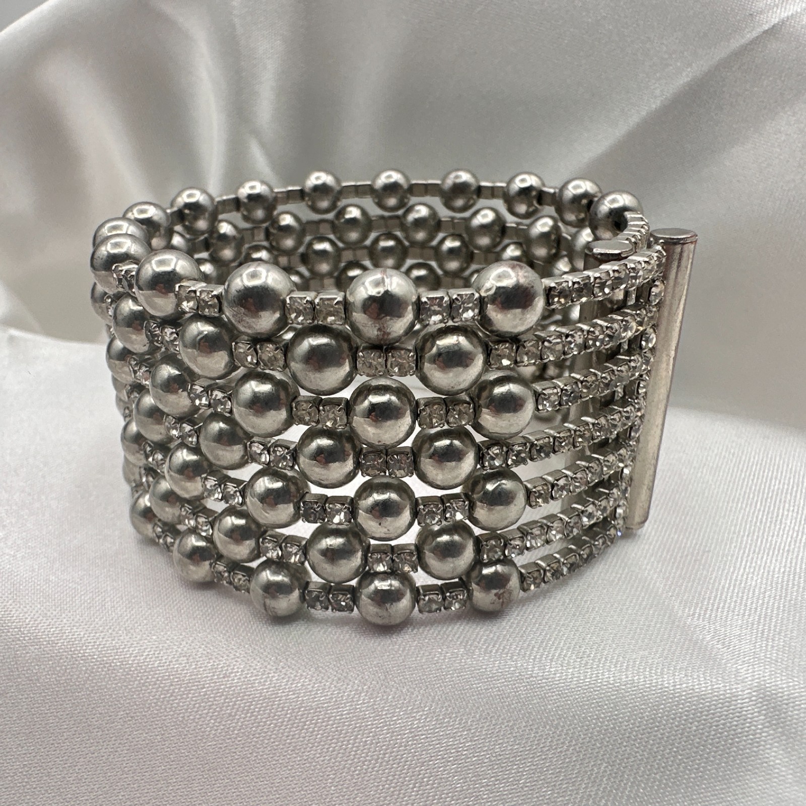 Vintage 90s Silver Tone Multi Row Bead Clear Glass Wide Cuff Statement Bracelet