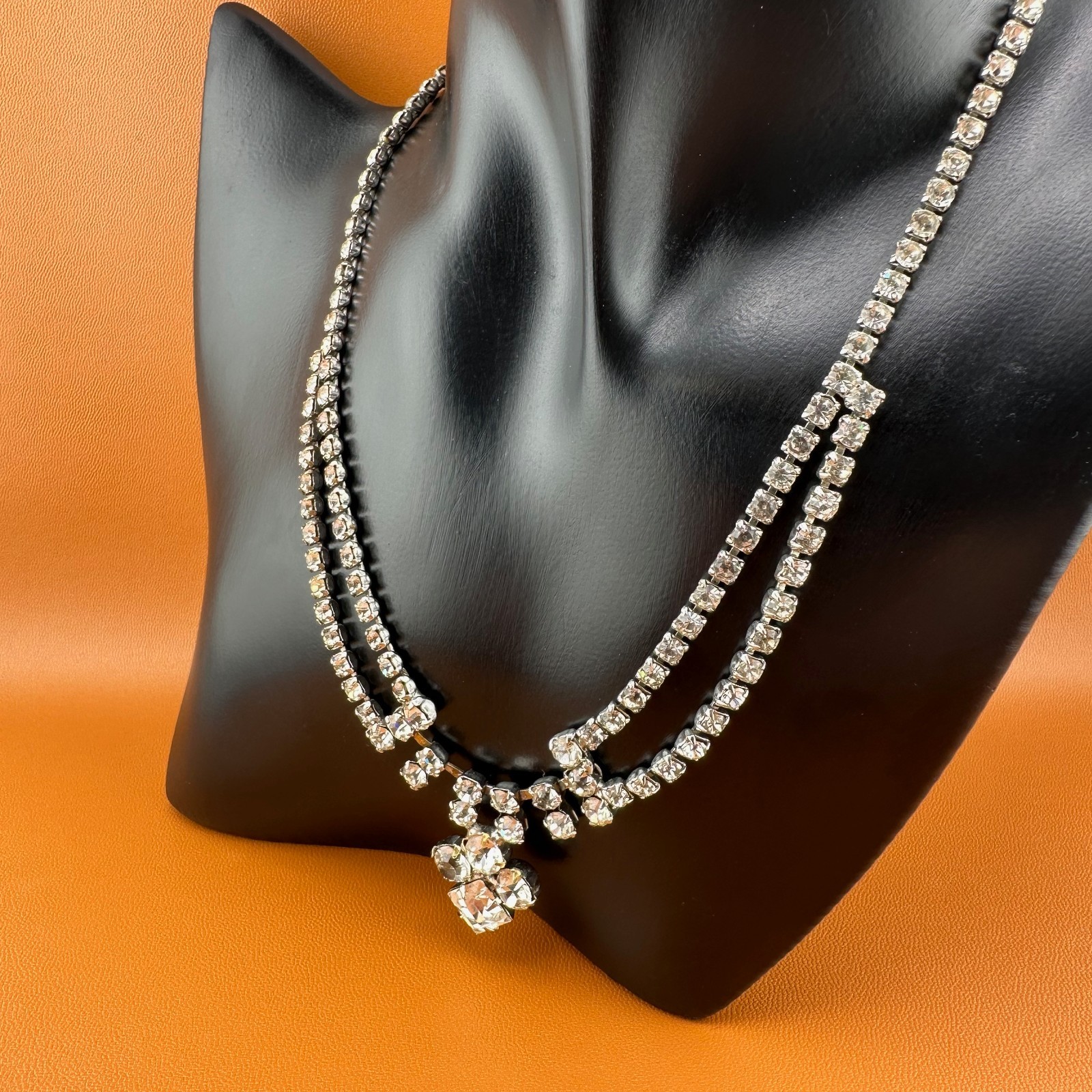 Vintage Rhinestone Festoon Style Necklace Silver Tone Cup Chain Clear Stones